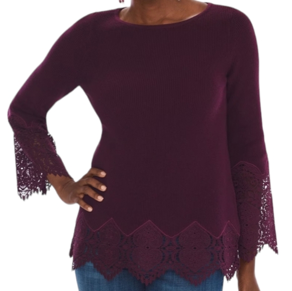 Chico's Women's Long Sleeve Burgundy Blouse/Sweater Ribbed Lace Size 2P … - Picture 15 of 16
